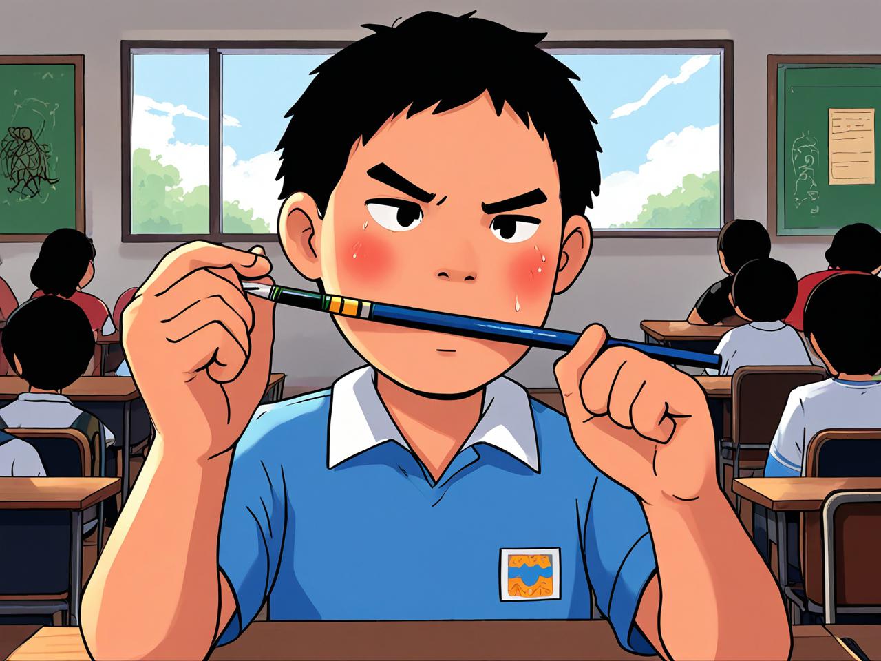 距离比赛开始还有五分钟！小明握紧了手中的铅笔，额头上的汗水顺着脸颊滑落。教室里已经座无虚席，同学们都在认真地做着赛前准备。窗外的蝉鸣声此起彼伏，像是在为这场即将开始的比赛打气